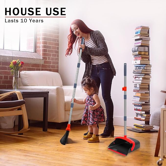 Brooms with Dustpan Combo Set， with 52" Long Handle, Dustpan Teeth with self-Cleaning Function, Indoor and Outdoor Sweeping, Perfect for Home Office (Large/Red /2-Pack)