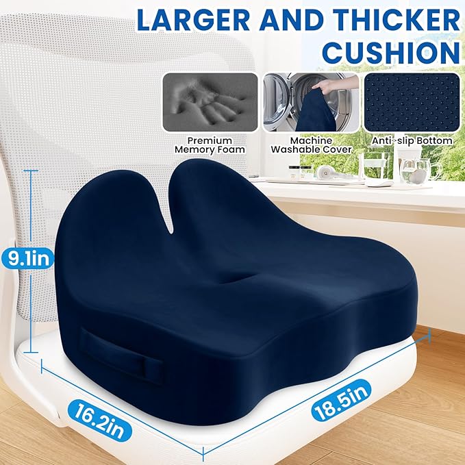 DailyCuddles Seat Cushion, Chair Cushions for Office Chairs/Desk Seats/Wheelchair - Hip&Sciatica&Tailbone Pain Relief Memory Foam Office Chair Cushion for Long Sitting Office Workers, Blue