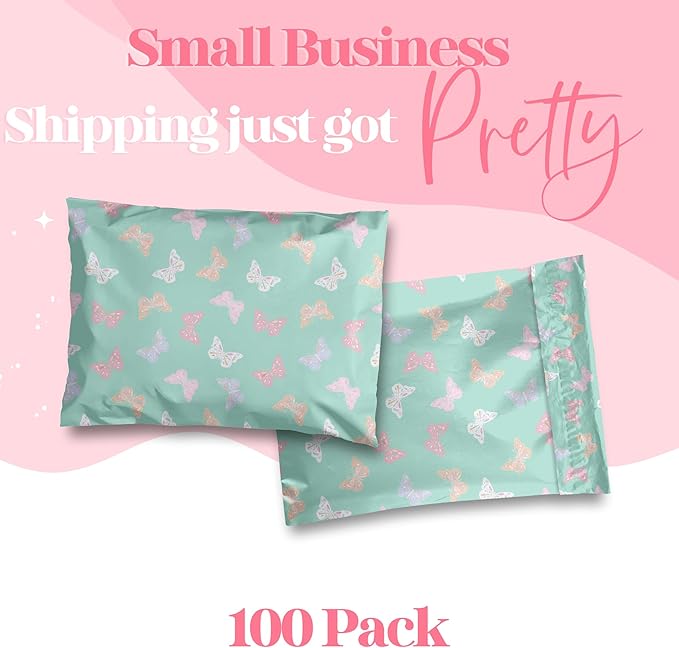 Pretty Package Store 14.5x19 Designer Poly Mailer 100 Pack Heavy Duty Waterproof Self Seal Shipping Bags for Small Business Large Mailing Envelopes Bulk Tear Resistant Packaging Butterfly