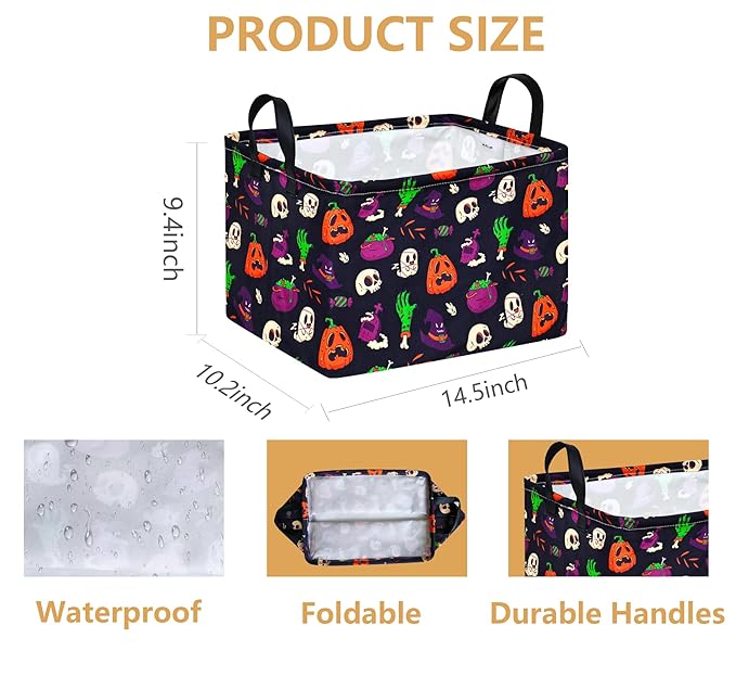 FUULOXE Halloween Ghost Storage Basket with Handles Pumpkin Open Gifts&Candy Spooky Basket stuffers for Kids Baby Collapsible Women Organizer Bins Toys Boxes for Shelves Home Office
