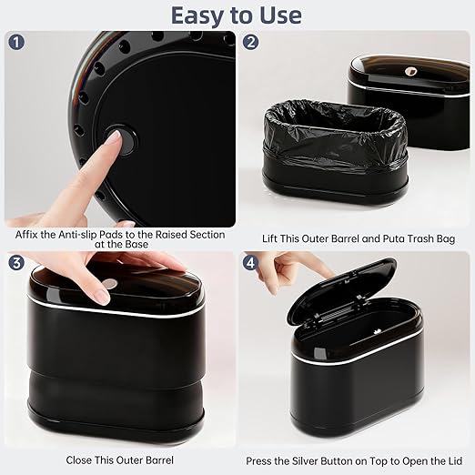 PAVSTINE Mini Trash Can for Desk with 5 Rolls of Trash Bags, Small Press-Top Countertop Garbage Bin, Removable Waste Basket for Bedroom, Vanity, Coffee Table, Kitchen (Black Full-Lid)