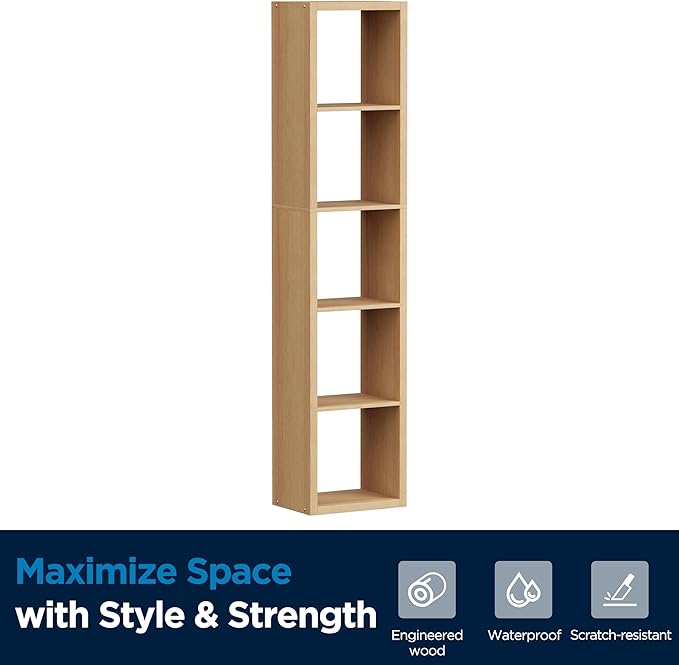5 Cube Storage Organizer Single Row, Cube Shelf with Heavy-Duty Thick Boards, 13.31"L x 9.37"W x 60.55"H, Smooth Easy-Clean Panels, Simple Assembly, for Living Room Bedroom Office, Natural-Oak