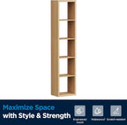 5 Cube Storage Organizer Single Row, Cube Shelf with Heavy-Duty Thick Boards, 13.31"L x 9.37"W x 60.55"H, Smooth Easy-Clean Panels, Simple Assembly, for Living Room Bedroom Office, Natural-Oak