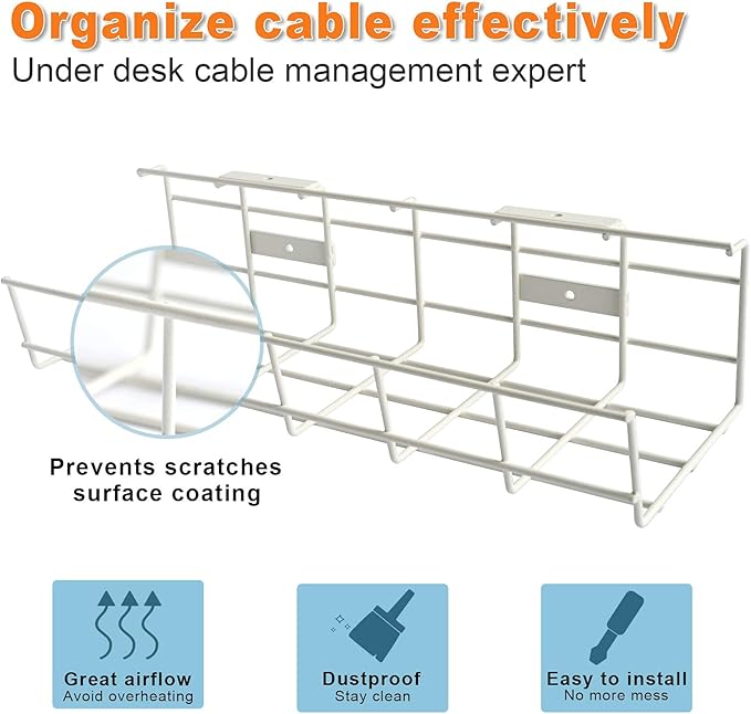 COYACOOL Under Desk Cable Tray - 2 Pack Cable Raceway for Wire Management. Metal Wire Organizer for Office, Studio and Home. Super Sturdy Cord Organizer for Desk - White Cable Management Under Desks