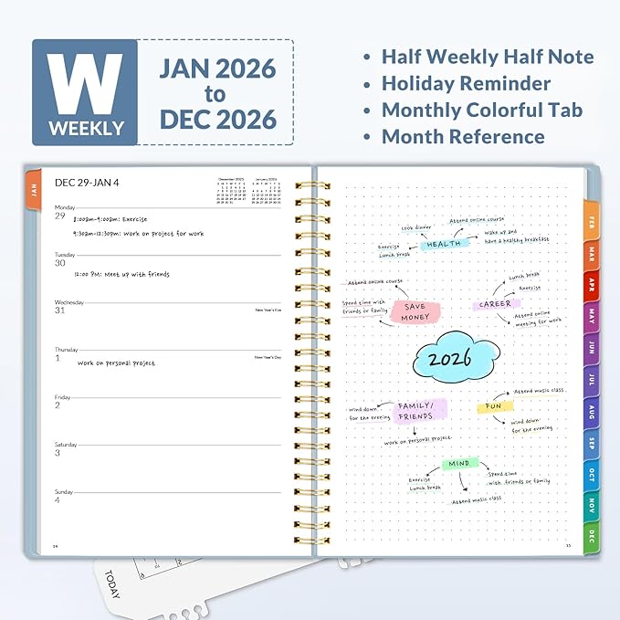 SUNEE 2026 Planner, Weekly and Monthly Calendar Planner, January 2026-December 2026, Daily Agenda with Tabs, Note Pages, Spiral Binding, 6.4"x8.3", Blue
