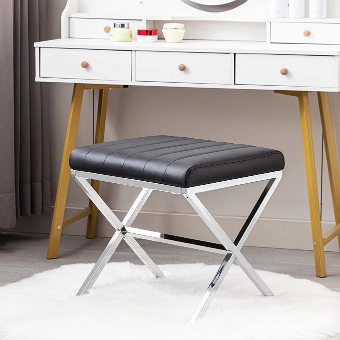 DUHOME Modern PU Leather Vanity Stool - Rectangle Makeup Stool Padded Vanity Seat Foot Rest for Living Room, Dressing Room, Black