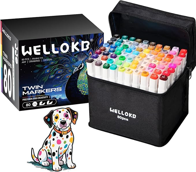 WELLOKB Alcohol Markers Set, 80 colors Alcohol Based Dual Tip, Broad and Fine Tip for Adult Coloring Books, Drawing, Sketching