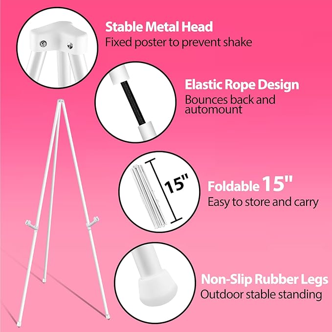 VAIIGO 63" White Easel Stand for Wedding Sign Poster Display Easel Folding Art Easel for Floor Adjustable Metal Easel Instant Tripod Easel for Display Painting Wedding Shower Sign Easel, 1Pack