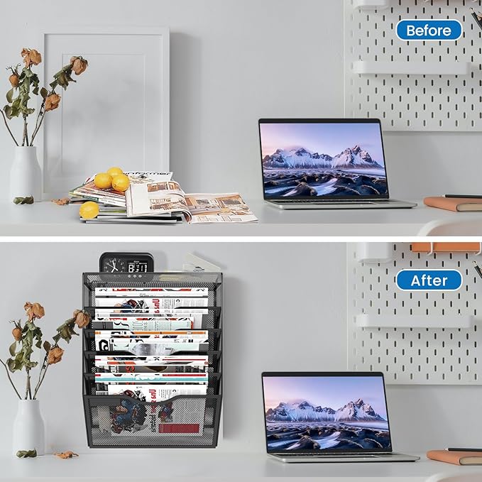 KZWKRG 6 Tier Wall File Organizer Hanging Vertical File Organizer, Wall Mounted Mail Paper Document Folder Holder, Mesh Magazine Rack Mail Document Organizer for Office School Home(Black)