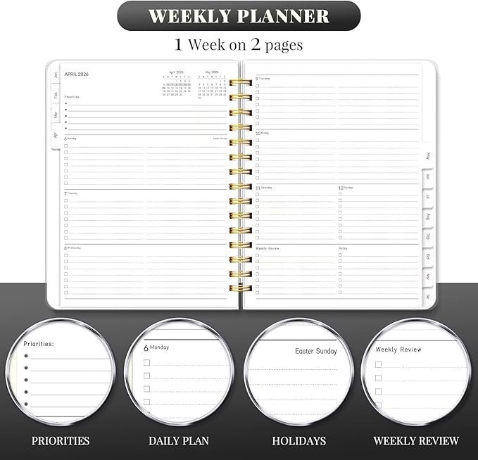 2026 Planner 8.5 x 11, Large Weekly Monthly Planners with Tabs, A4 Spiral Bound Daily Calendar 2026 Planner, 12 Month Agenda from Jan. to Dec., Flexible Cover Appointment Book(Black Gold Flower)