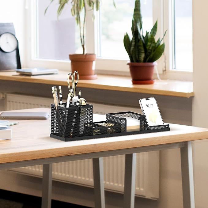 SUPEASY Pen Holder for Desk, 6 Piece Mesh Desk Organizer set for Office Organization with Mail Organizer, Letter Phone Holder, Sticky Notes Caddy Storage, Black