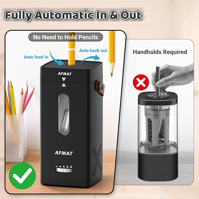 AFMAT Electric Pencil Sharpener, Fully Automatic Pencil Sharpener, Auto in & Out, Rechargeable Hands-Free Sharpeners for Jumbo & Colored Pencils (6.5-12mm), Portable for Home/Classroom/Office PSC6