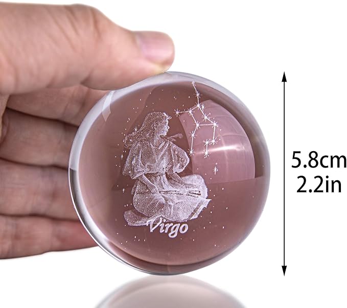 3D Inner Carving Constellation Ball Crystal Paperweight Full Sphere Glass Fengshui with Sliver-Plated Flowering Stand(Virgo)
