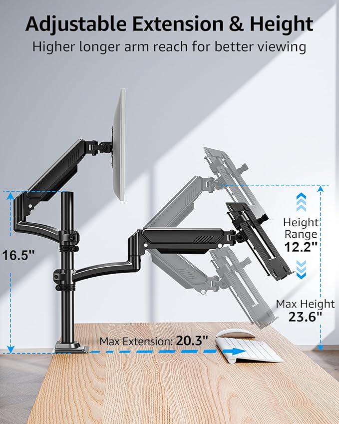MOUNTUP Laptop and Monitor Desk Mount, Laptop Tray for Max 17" Notebook, Monitors Arm Fits up to 32" Monitor, Laptops Arm Holds 4.4-22lbs, 2-in-1 Tall Laptops Mount with Clamp/Grommet