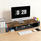 Spacrea Metal Desk Organizers and Accessories, Dual Monitor Stand Riser with Drawer and 2 Pen Holders, Desk Accessories & Workspace Desktop Organizers for Office Supplies (Wood)