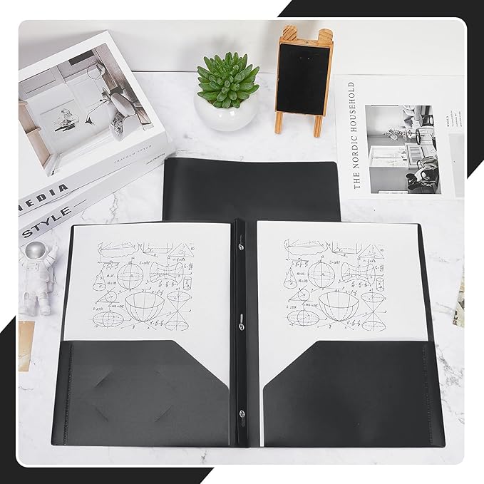 Lincia 100 Pcs Plastic Folders with Pockets and Prong Folders with Prongs 2 Pockets for Office, School for Students, Teachers, Office Workers(Black)