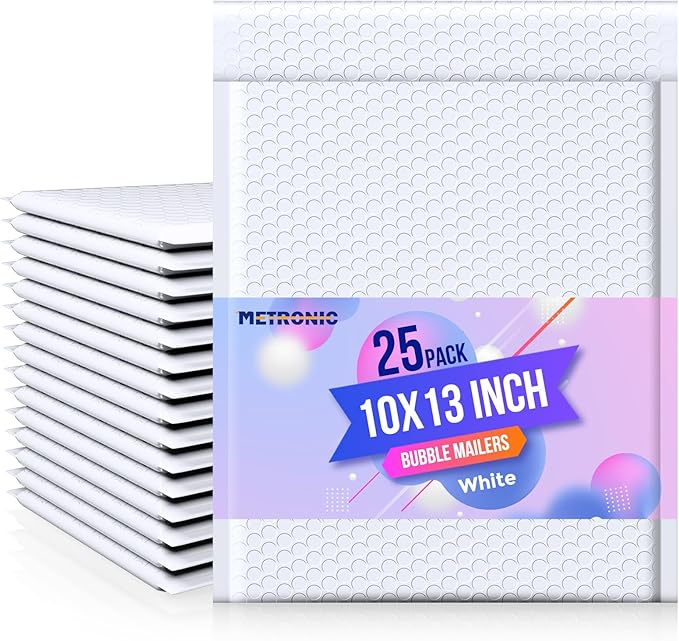 Metronic Bubble Mailer 10x13" White 25 Pack, Poly Padded Envelopes Waterproof Shipping Bags for Clothing, Self Seal Cushioning Mailers for Shipping Books, Jewelry, Makeup Supplies