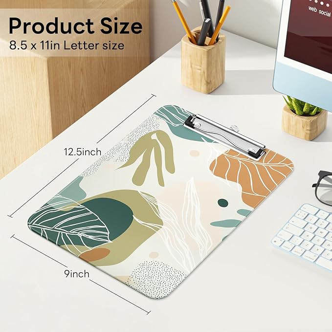 Luminzo Plastic Cute Clipboard Low-Profile Metal Clip, A4 Letter Size 9 x 12.5 in, 8.5 x 11 Paper Clip Board for Teachers, Nurses, Classroom,Boho Leaves