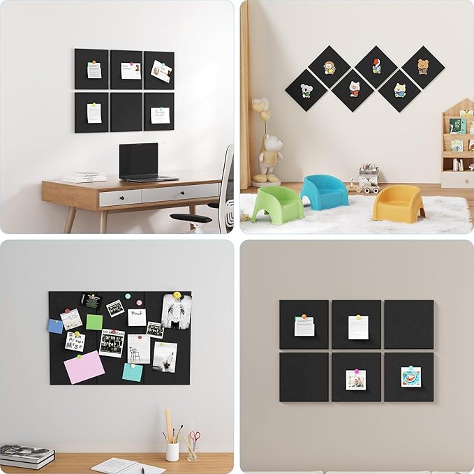Baysola Large Cork Boards for Walls – 36" x 24" Self Adhesive Felt Wall Tiles, Ideal for Office Black Bulletin Board, Easy to Install Pin Board Photo Board