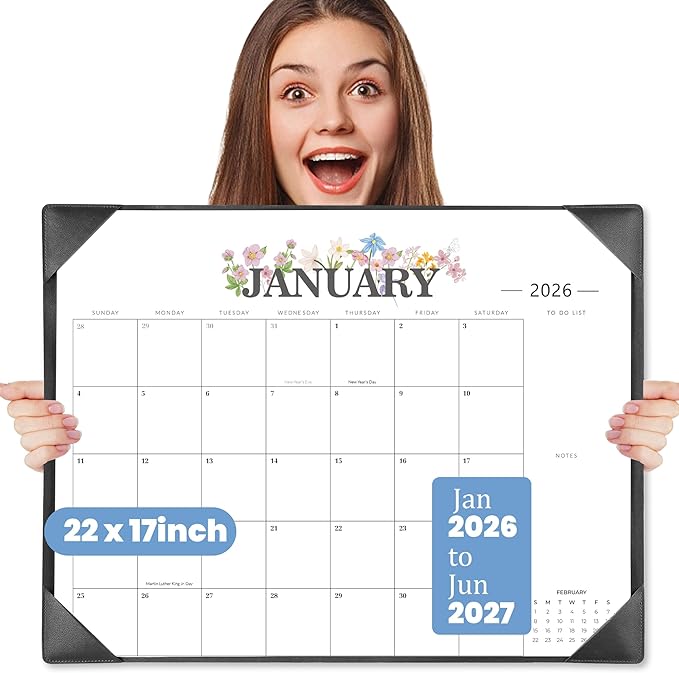 2026 Desk Calendar - 18 Month Desktop Calendars (Jan 2026–Jun 2027),Large 22x17 Monthly Calendar with Home & Office Floral Desk Pad Calendars (Black, 22 * 17)