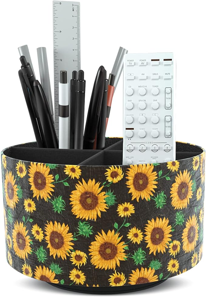 Hennaja Round Leather Art Supply Organizer,Remote Control Holder,360 Degree Rotating,Multi-Functional Pencil Holder,4 Compartments Desktop Stationary Organizer(1-Sunflower)