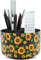 Hennaja Round Leather Art Supply Organizer,Remote Control Holder,360 Degree Rotating,Multi-Functional Pencil Holder,4 Compartments Desktop Stationary Organizer(1-Sunflower)