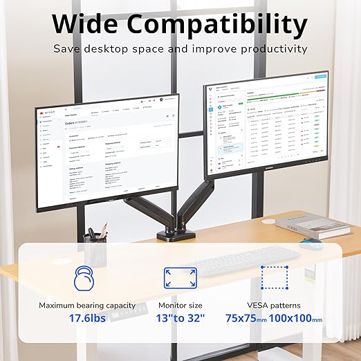 Monitor Arm, Computer Dual Monitor Arm Fits 13-32 Inch Computer Screens, Adjustable Height Swivel Monitor Stand with VESA Mounts, Holds 4.4-17.6lbs, Black