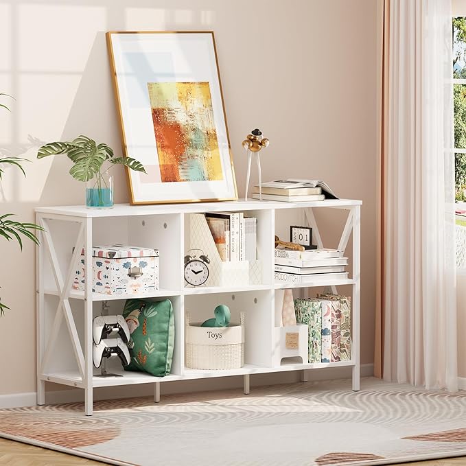 Adompacat Horizontal Bookshelf Bookcase,6 Cube Storage Organizer with Open Shelf,47 Inch Industrial Low Wide Wood and Metal Cubby Shelf,Long Shelving Unit for Home Office Living Room(White,6 Cube)