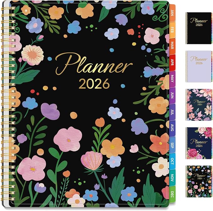 GNL 2026 Planner, Weekly and Monthly Planner (January - December 2026), 8.5" x 11" Monthly Agenda Planner with Waterproof Flexible Cover, Spiral Binding Notebook with Tab, Pockets, Bookmark, Flower