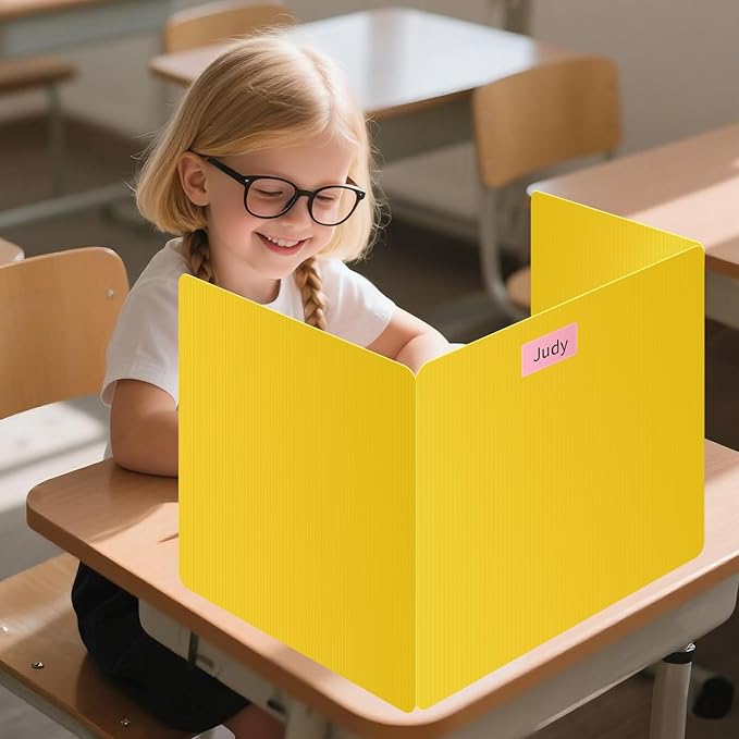6 Pack Yellow Desk Dividers for Students, Privacy Shields Folder for Students, Durable & Waterproof Plastic Study Board, Classroom Teacher Supplies Test Divider, Includes Extra Labels