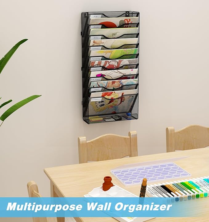 Solinxe 10 Tier Wall File Organizer, Vertical Mesh Paper Mail Organizer Wall Mounted Magazine Rack, Metal Clipboard Storage for Office, Home, Classroom, Black