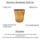 TUP THE URBAN PORT 10" Decorative Iron Wastebasket Trash Can | Matte Gold | Leaf Etched Design