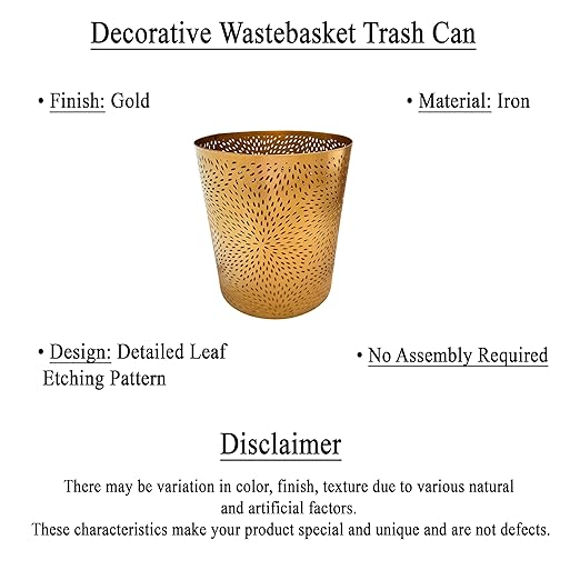 TUP THE URBAN PORT 10" Decorative Iron Wastebasket Trash Can | Matte Gold | Leaf Etched Design