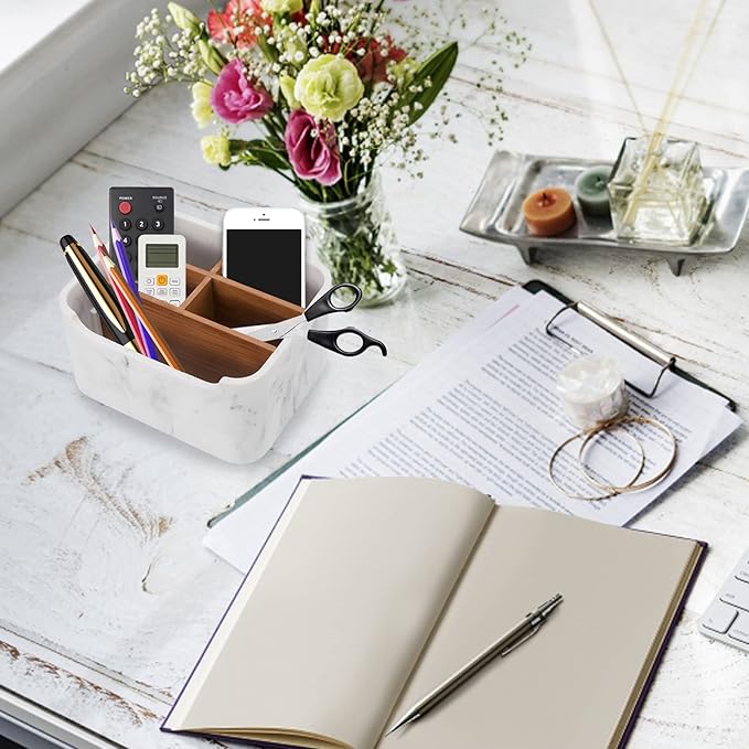 SZYRL Desk Organizer, Marble Remote Holder for Table, Modern Office Controller Pen Phone Holder Organizer, Stylish Caddy and Storage Accessories for Bedside Nightstand Desktop Coffee Table