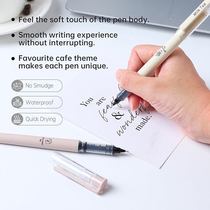 FUNFULL Aesthetic Cute Stick Rollerball Pens, 8pcs Quick Dry Colored Liquid Ink Pens, 0.5mm Fine Point Coffee Gel Pens with Soft Touch Smooth Writing for Journaling Planner School Supplies