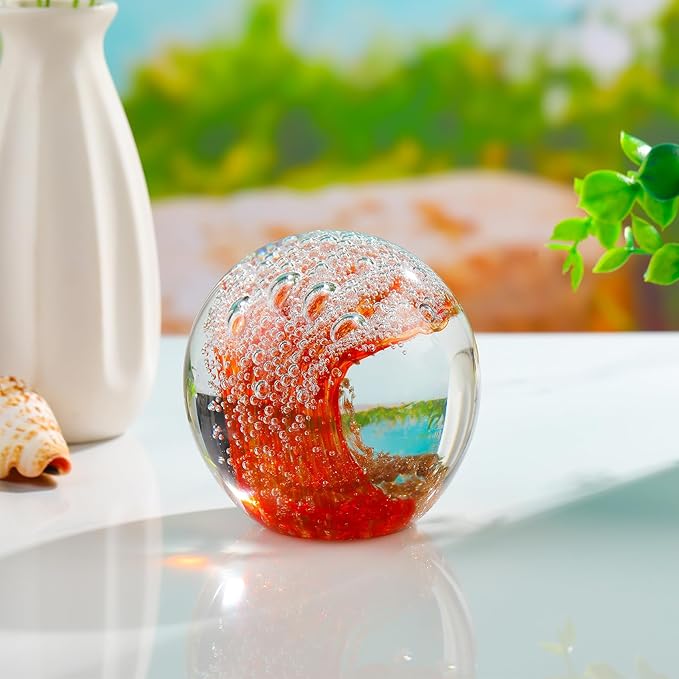 Hand Blown Glass Figurines Ball Ocean Waves Paperweight Glass Ball for Ocean Lovers Red with Gold Light and White Bubble Ball Decoration for Home Office and Aquarium