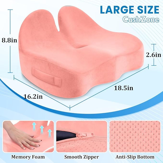 CushZone Seat Cushion, Memory Foam Office Chair Seat Cushion for Office Chairs/Car/Long Trip/Desk Chair/Gaming, Large Size for Sciatica & Hip & Tailbone Pain Relief, Sciatica Support (Pink)