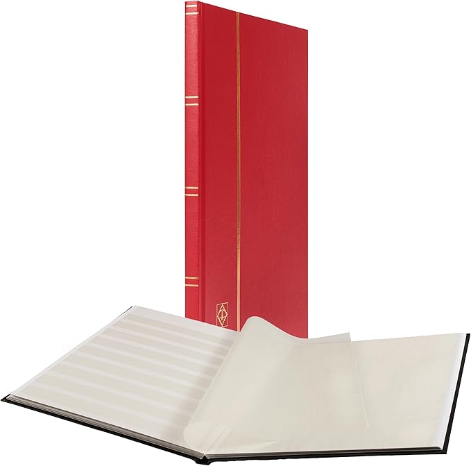 LIGHTHOUSE – “BASIC” Hard Cover Stockbook for Stamps – 16 White Cardstock 9”x12” (A4) Pages with Glassine Strips - Red