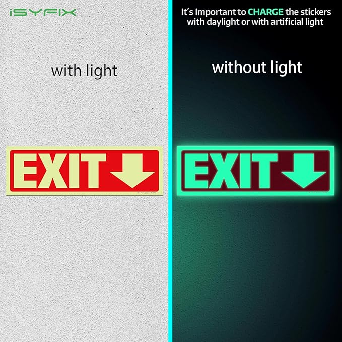 iSYFIX Exit Stickers Signs with Directional Down Arrow 12 Pack 12x4 Inch - Glow in the Dark Photoluminescent Vinyl for Office, School, Business, Warehouse - UV & Weather Resistant for Indoor/Outdoor Use