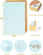 Lightomorrow Bulletin Board 30 x 20 inches, Light Blue Pin Board, Golden Aluminum Framed Fabric Cork Board with 10 Push Pins
