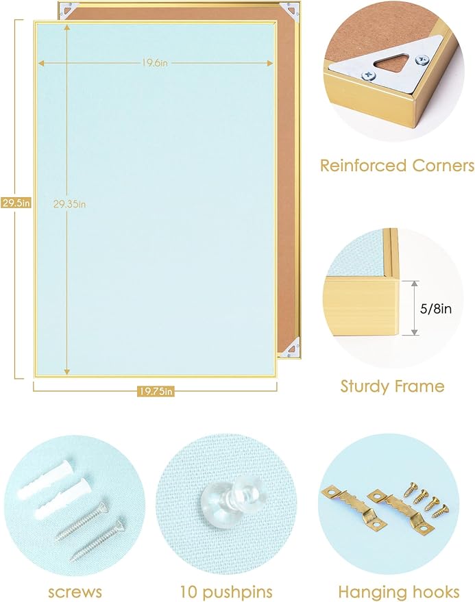 Lightomorrow Bulletin Board 30 x 20 inches, Light Blue Pin Board, Golden Aluminum Framed Fabric Cork Board with 10 Push Pins