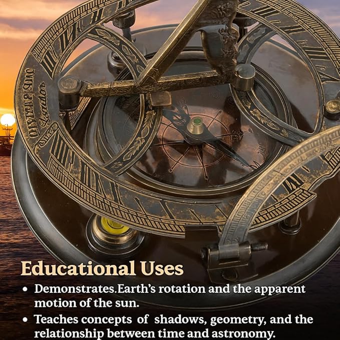 Top Grade 5-Inch Sundial Vintage Nautical Marine Compass with Wooden Box Antique Brass Sun Clock for Decoration, Navigation, Gifts Ship Replica Maritime Compass