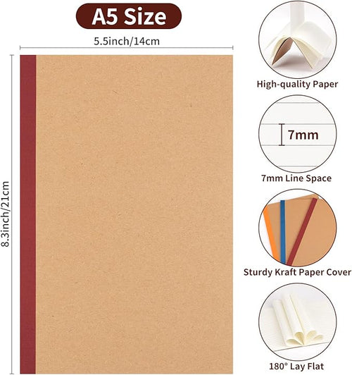 ALKALO 60 Pack Lined Notebook Journals Bulk, A5 College Ruled Composition Notebook, Kraft Cover with Vintage Spines, 8.3”x 5.5”, 15 Colors 60 Pages for School Office Travel