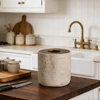 Natural Travertine Textures Mini Trash Can with Rose Gold Stainless Steel Lid, Mini Countertop Trash Can for Bathroom Kitchen, Desk or Table top Mini Garbage Can, Resin Tiny Waste Basket for Vanity