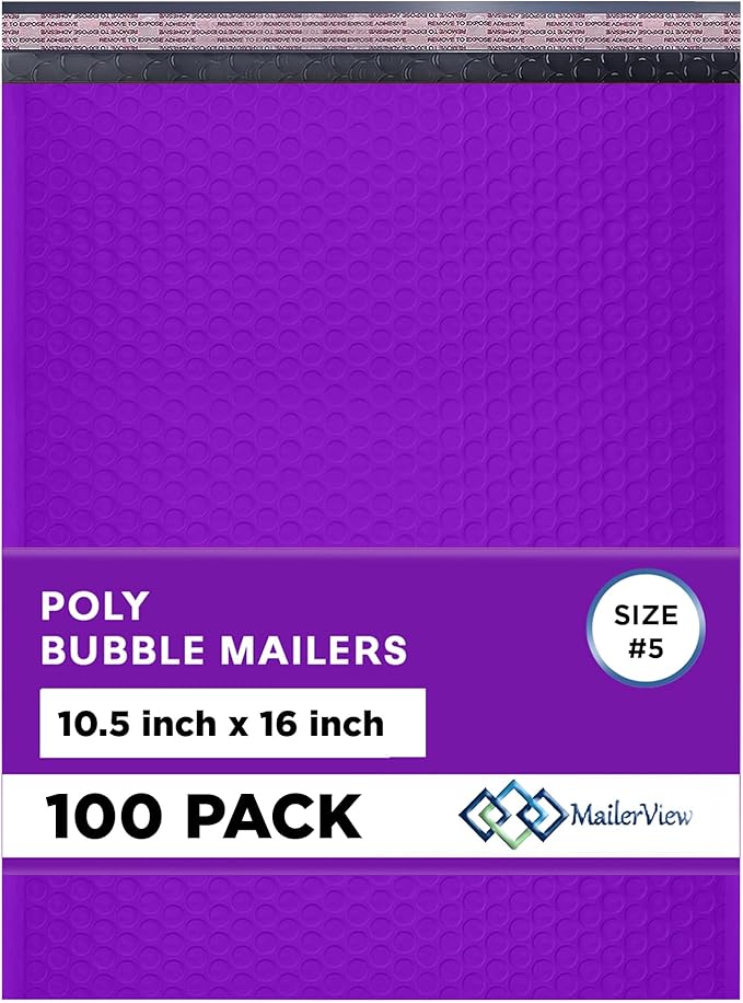 Purple 10.5x16 Inch Large Poly Bubble Mailers #5 | Padded Envelopes with Self Seal | Air Lined Cushioned Bubble Mailer | Usable Size 10.5x15 | 100 Pack Bulk | Lightweight shipping Bags