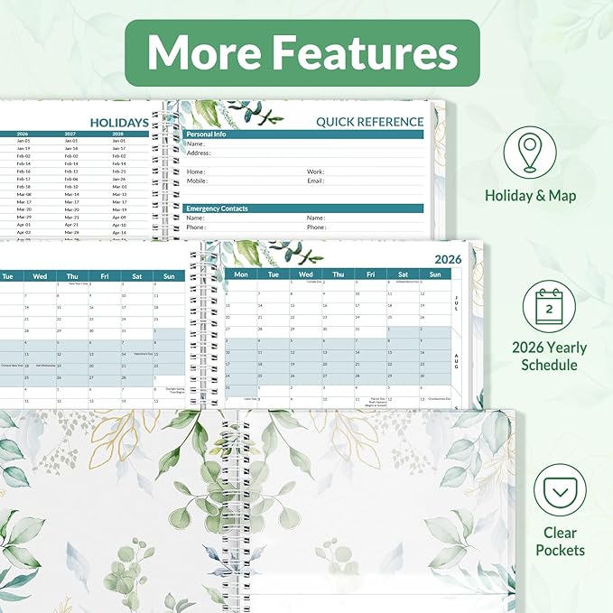 SUNEE 2026 Weekly and Monthly Planner - from January 2026 - December 2026, Daily Agenda Planner with Monthly Tab, Flexible Cover, Note Pages, Pockets, Bookmark, Spiral Binding, Eucalyptus, 8.5"x11"