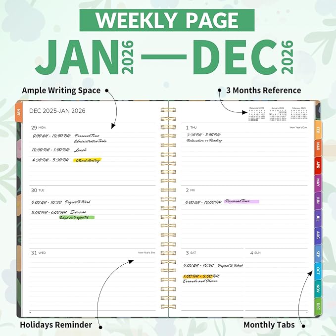 GNL 2026 Planner, Weekly and Monthly Planner January - December 2026, 6.4" x 8.3" Monthly Agenda Planner with Waterproof Flexible Cover, Spiral Binding Notebook with Tab, Pockets, Bookmark, Flower