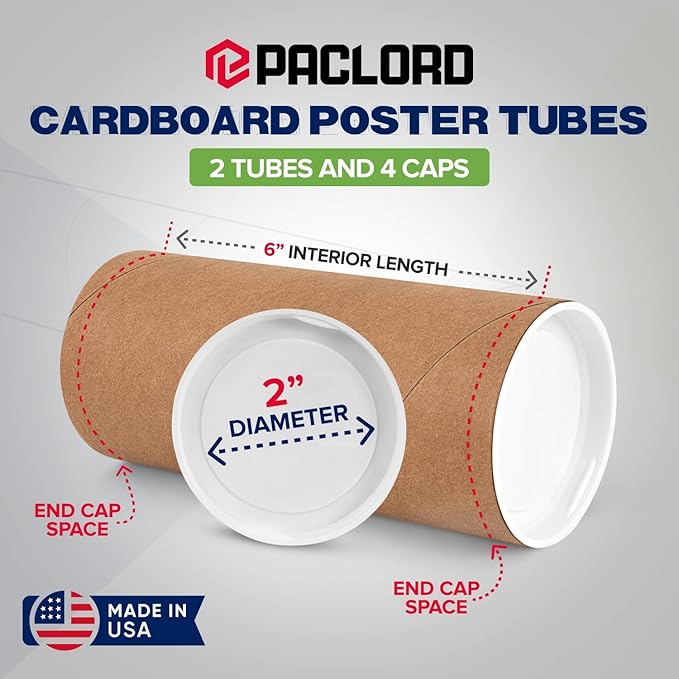 2" x 6" Reinforced Kraft Paper Mailing Tubes, Pack of 2 Tubes with 2 Caps Each – USPS Approved Poster Tube – Made in USA Cardboard Tube for Shipping and Storing Posters, Prints, Artwork, or Documents
