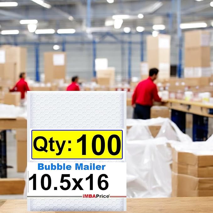 iMBAPrice 10.5x16 Inch White Poly Bubble Mailers #5, 100-Pack Large Padded Envelopes, Self-Seal Polybubble Shipping Bags for Mailing & Packaging