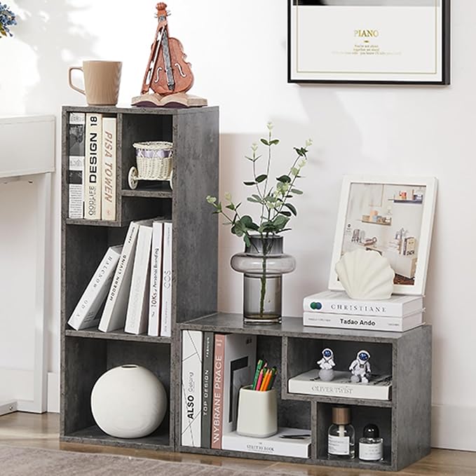 VECELO Narrow Bookshelf Set, Fits 9.3" × 10-12.8" Hardcovers, Cube Storage Bookcases, Free-Standing for Living Room, Bedroom, Home Office, 2/3-Tier, 2-Pack, Gray